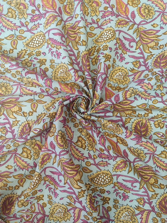 PURE COTTON GREY FLORAL JAAL PATTERN HANDPRINTED COTTON FABRIC