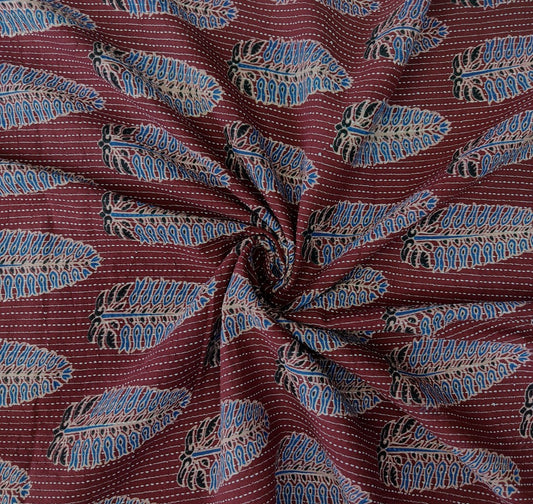 PURE COTTON MAROON KANTHA FERN LEAF PRINT COTTON FABRIC
