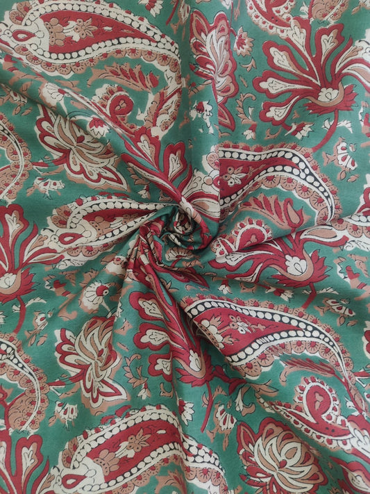 PURE COTTON GREEN PAISELY PATTERN HANDPRINTED COTTON FABRIC