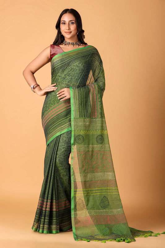 CHAPPAI COLLECTION-Hara khwab Handblock printed saree