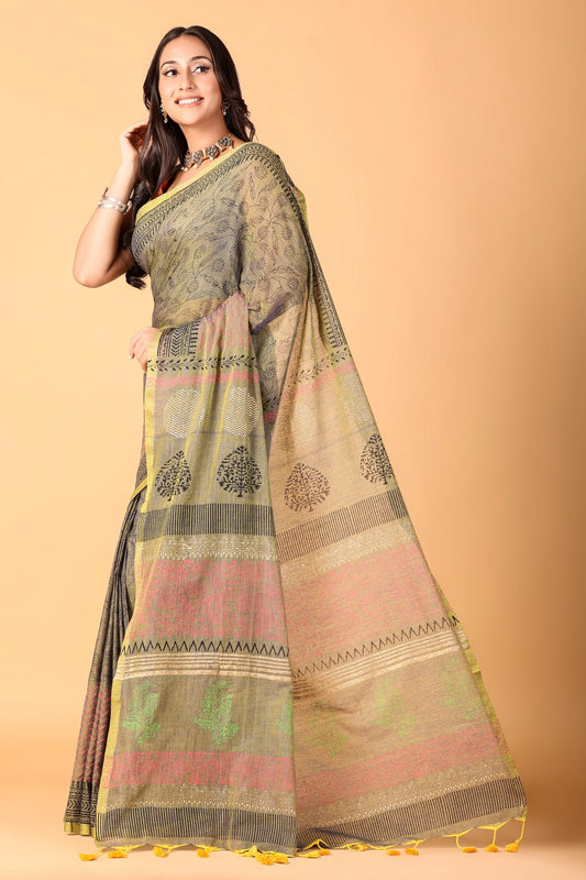 CHAPPAI COLLECTION-Beige Handblock printed saree