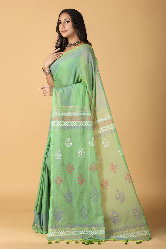 CHAPPAI COLLECTION-Pistachio Handblock printed saree