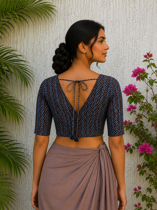 ZIG ZAG INDIGO MAROON SILK READYMADE BLOUSE