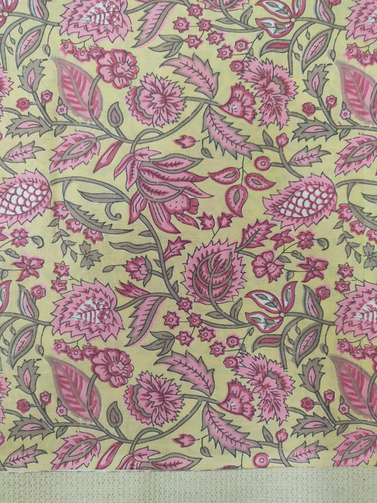 PURE COTTON YELLOW FLORAL JAAL PATTERN HAND PRINTED COTTON FABRIC