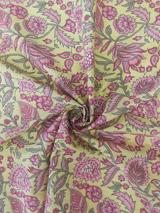 PURE COTTON YELLOW FLORAL JAAL PATTERN HAND PRINTED COTTON FABRIC