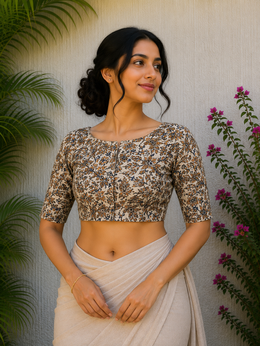 NATURAL CREAM HANDBLOCK PRINTED READYMADE BLOUSE