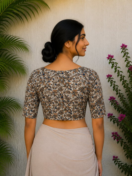 NATURAL CREAM HANDBLOCK PRINTED READYMADE BLOUSE