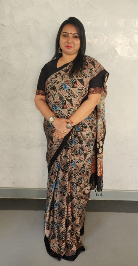 Traditional Ajrakh block print motifs in natural indigo and madder