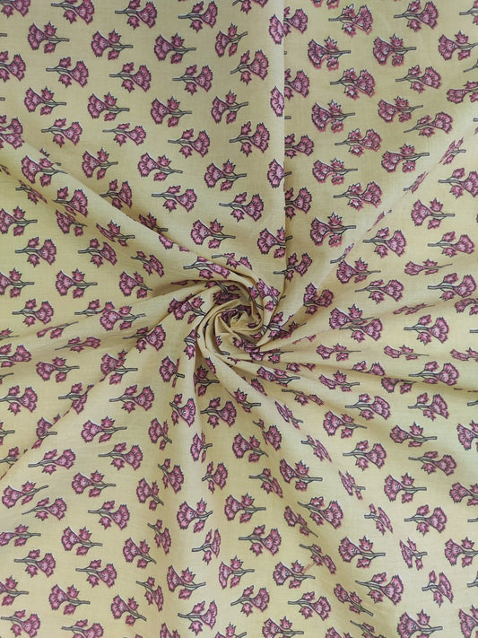 PURE COTTON YELLOW FLORAL BUTTI PATTERN HAND PRINTED COTTON FABRIC