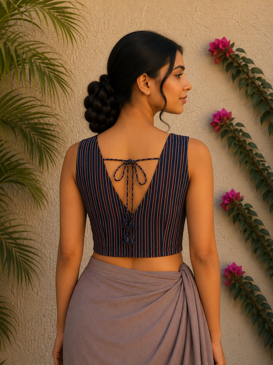 INDIGO MAROON STRIPES SILK READYMADE BLOUSE (Copy)