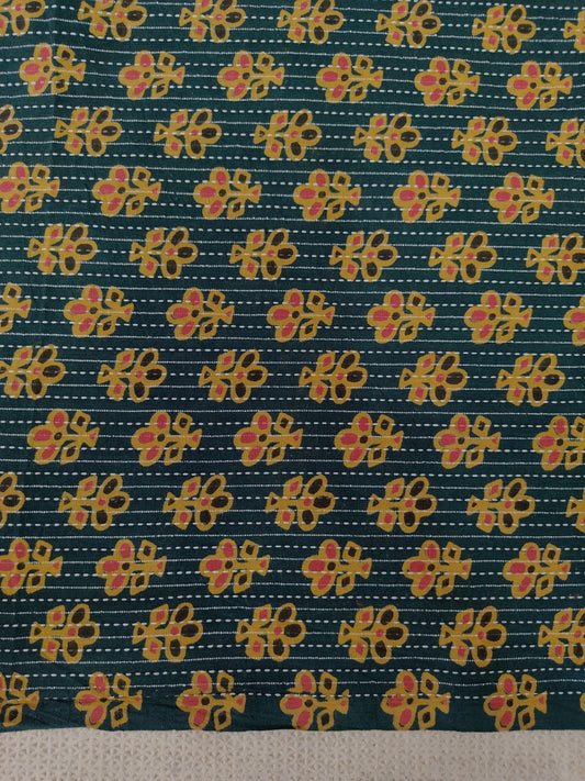 PURE COTTON GREEN KANTHA FLORAL PRINT COTTON FABRIC