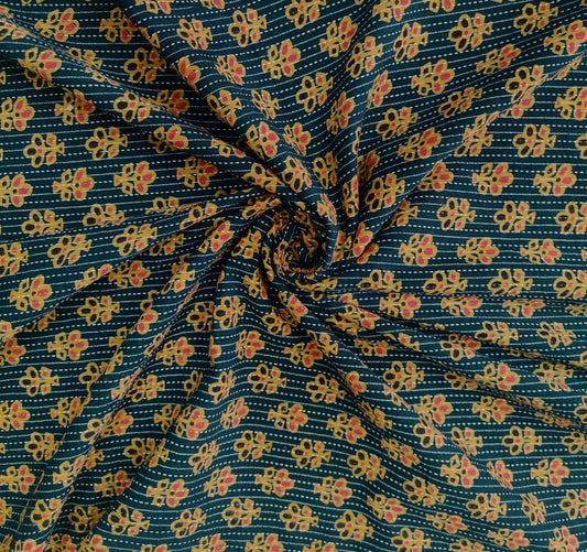 PURE COTTON GREEN KANTHA FLORAL PRINT COTTON FABRIC