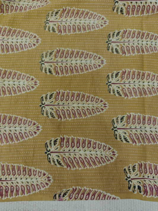 PURE COTTON MUSTARD KANTHA FERN LEAF PRINT COTTON FABRIC