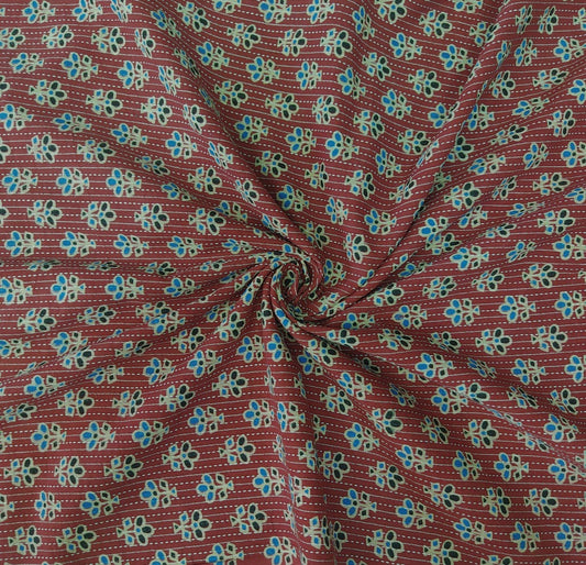 PURE COTTON RUST MAROON KANTHA FLORAL PRINT COTTON FABRIC