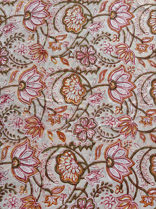 PURE COTTON PEACH FLORAL JAAL HANDBLOCK PRINTED FABRIC