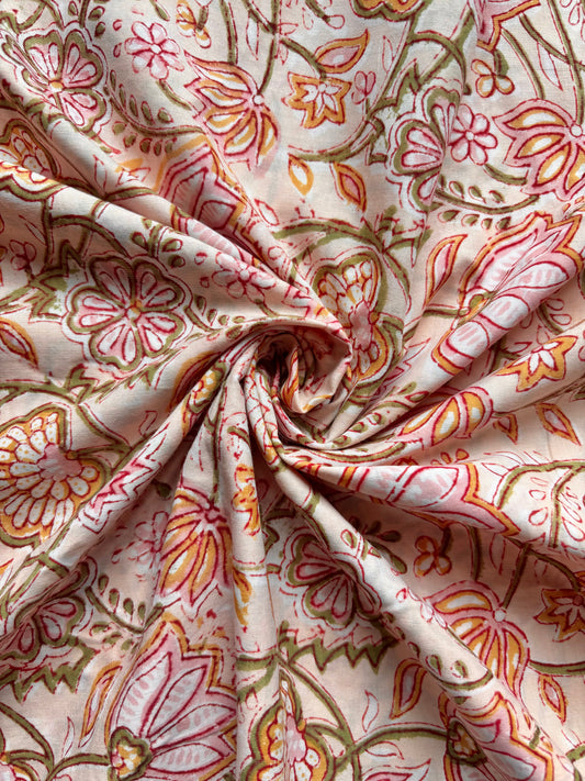 PURE COTTON PEACH FLORAL JAAL HANDBLOCK PRINTED FABRIC