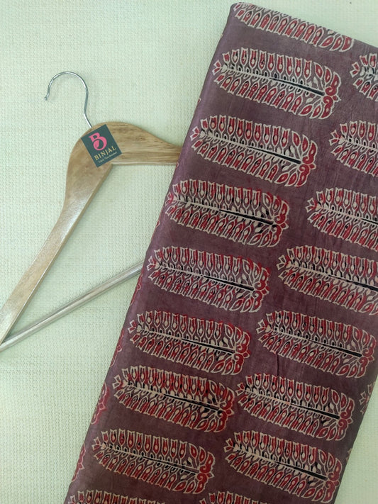 BROWN FERN LEAF BUTTI AJRAKH HANDBLOCK PRINTED MUSHRU SILK FABRIC