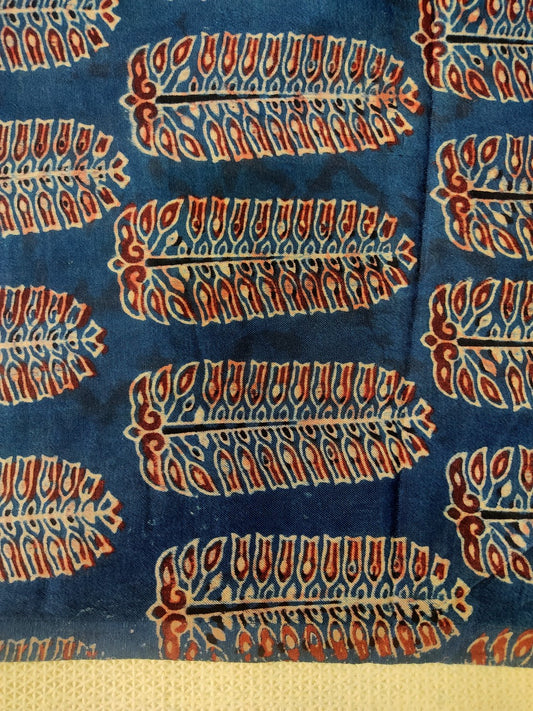 INDIGO FERN LEAF BUTTI AJRAKH HANDBLOCK PRINTED MUSHRU SILK FABRIC
