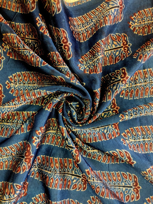 INDIGO FERN LEAF BUTTI AJRAKH HANDBLOCK PRINTED MUSHRU SILK FABRIC