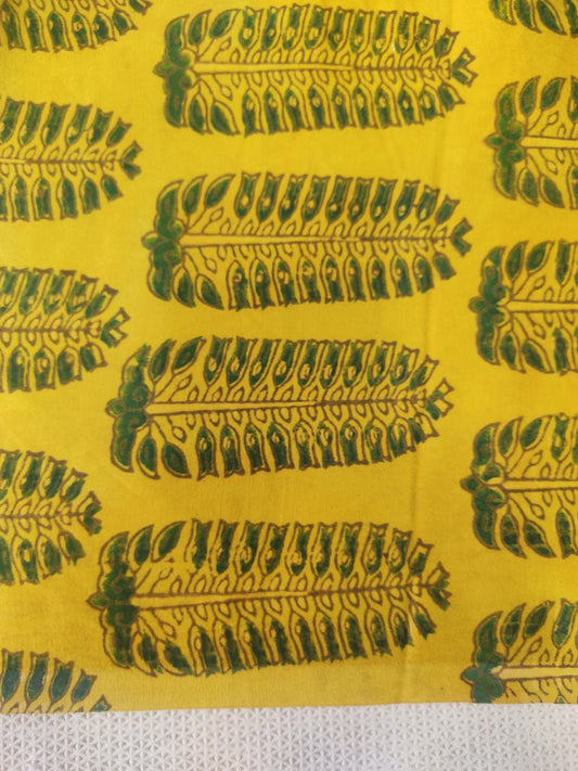 MUSTARD FERN LEAF BUTTI AJRAKH HANDBLOCK PRINTED MUSHRU SILK FABRIC