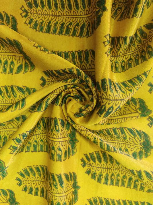 MUSTARD FERN LEAF BUTTI AJRAKH HANDBLOCK PRINTED MUSHRU SILK FABRIC