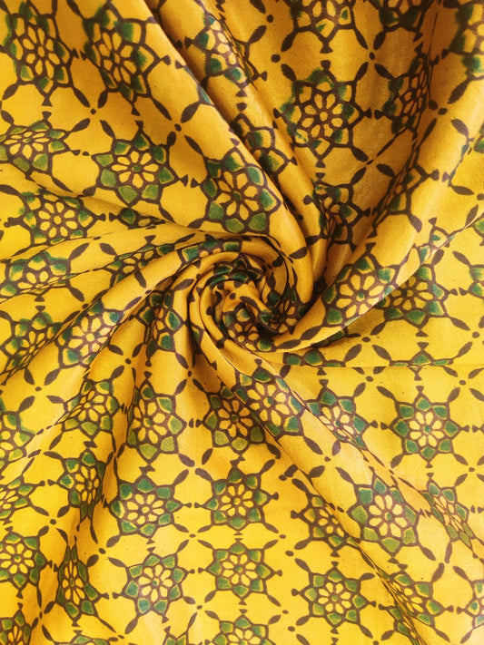 MUSTARD STAR JAAL AJRAKH HANDBLOCK PRINTED MUSHRU SILK FABRIC