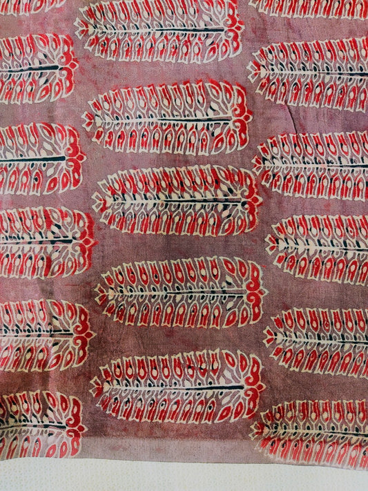 BROWN FERN LEAF BUTTI AJRAKH HANDBLOCK PRINTED MUSHRU SILK FABRIC