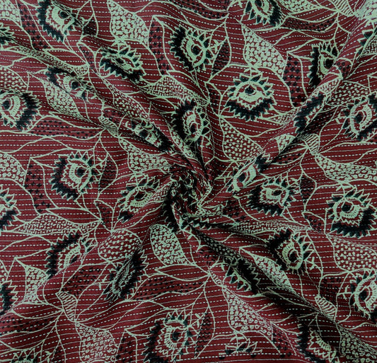 PURE COTTON RUST MAROON KANTHA ABSTARCT JAAL PRINT COTTON FABRIC