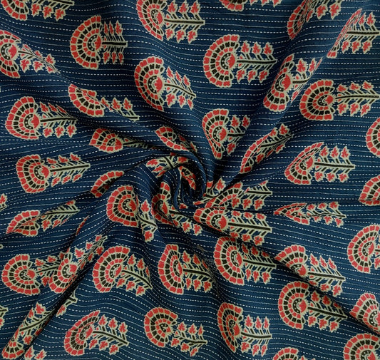 PURE COTTON INDIGO KANTHA FLOWER PRINT COTTON FABRIC