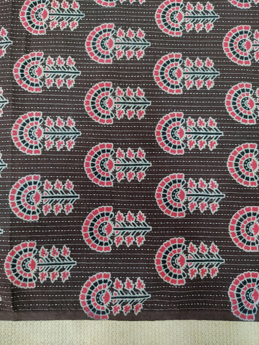PURE COTTON BROWN KANTHA FLOWER PRINT COTTON FABRIC