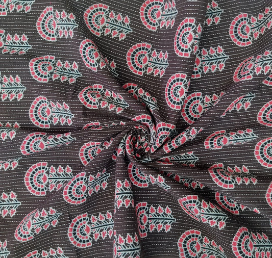 PURE COTTON BROWN KANTHA FLOWER PRINT COTTON FABRIC