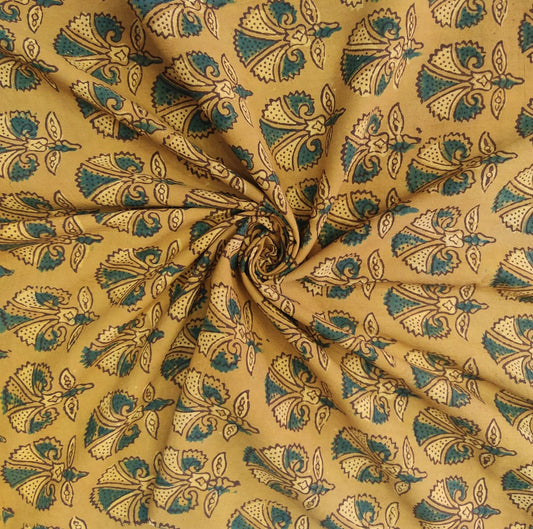 PURE COTTON MUSTARD YELLOW FLORAL BUTTI AJRAKH PRINTED COTTON FABRIC