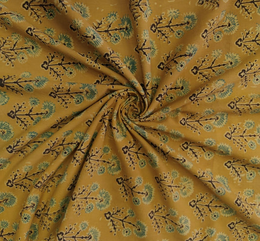 PURE COTTON MUSTARD YELLOW JAAL BUTTI AJRAKH PRINTED COTTON FABRIC