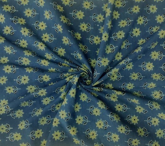 PURE COTTON INDIGO SMALL FLORAL BUTTI AJRAKH HANDBLOCK PRINTED COTTON FABRIC
