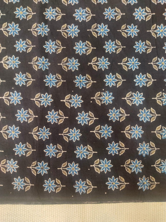 PURE COTTON BLACK AND BLUE SMALL FLORAL BUTTIN AJRAKH HANDBLOCK PRINTED COTTON FABRIC