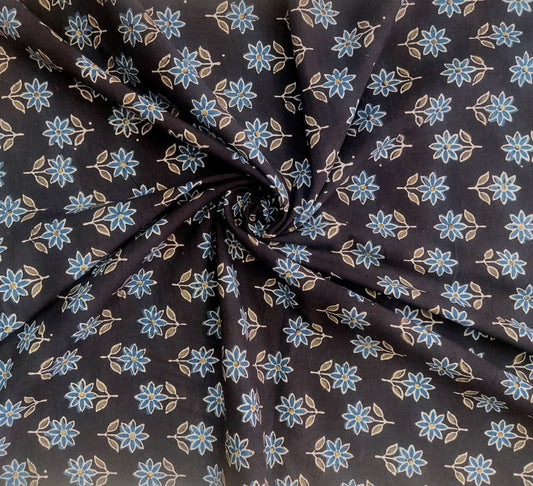 PURE COTTON BLACK AND BLUE SMALL FLORAL BUTTIN AJRAKH HANDBLOCK PRINTED COTTON FABRIC