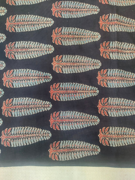 PURE COTTON BLACK FERN LEAF AJRAKH HANDBLOCK PRINTED COTTON FABRIC