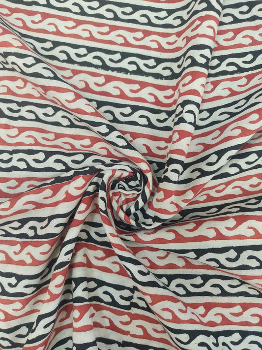 Pure Cotton Madder Bagru Stripes Handblock Printed Cotton Fabric