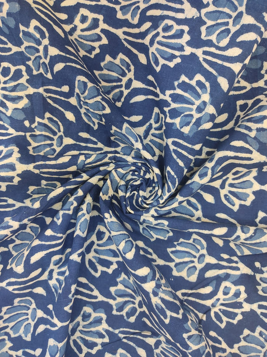 Pure Cotton Indigo Floral Jaal Dabu Hand Block Printed Cotton Fabric