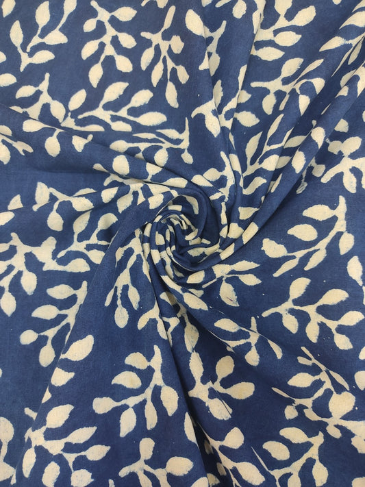 Pure Cotton Indigo Leaf Jaal Dabu Hand Block Printed Cotton Fabric