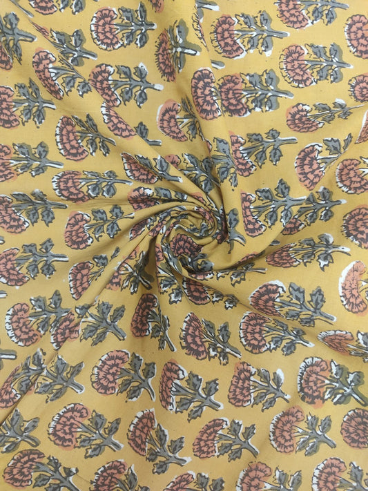 Pure Cotton Mustard Floral Butti Kalamkari Handblock Print Cotton Fabric