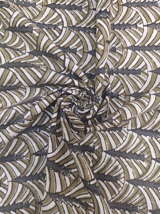Pure Cotton Olive Cascade Jaal Kalamkari Handblock Print Cotton Fabric