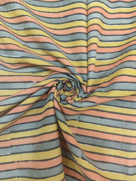 Pure Cotton Mustard Stripes Kalamkari Handblock Print Cotton Fabric