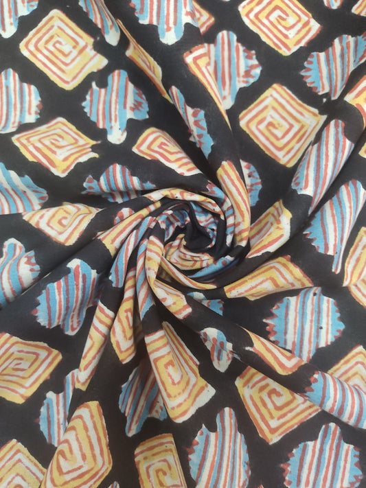 Pure Cotton Black Geometrical Kalamkari Handblock Print Cotton Fabric