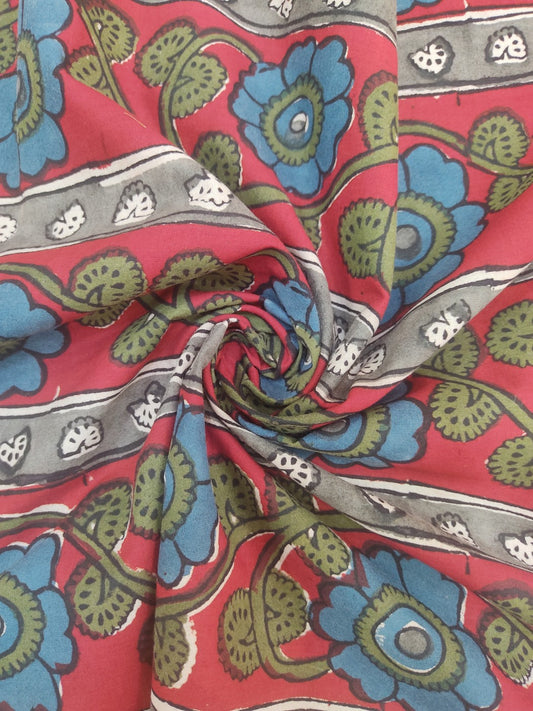 Pure Cotton Red Floral Border Kalamkari Handblock Print Cotton Fabric