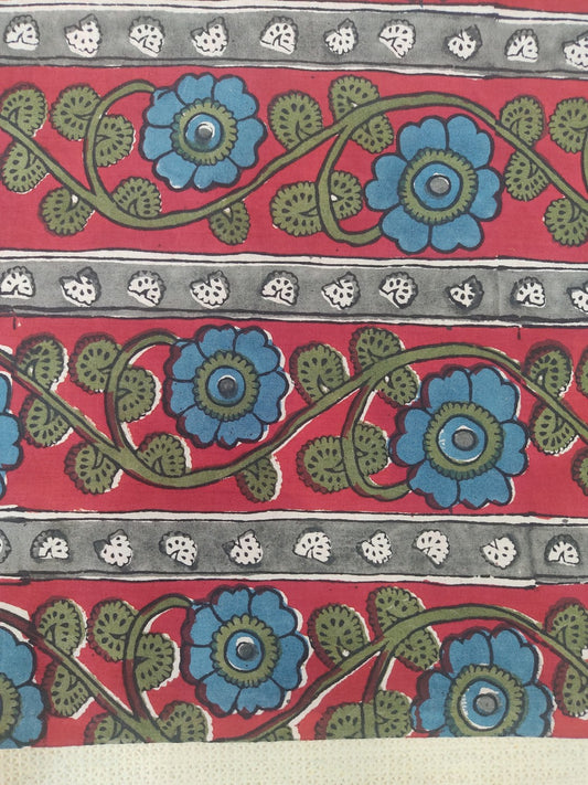Pure Cotton Red Floral Border Kalamkari Handblock Print Cotton Fabric