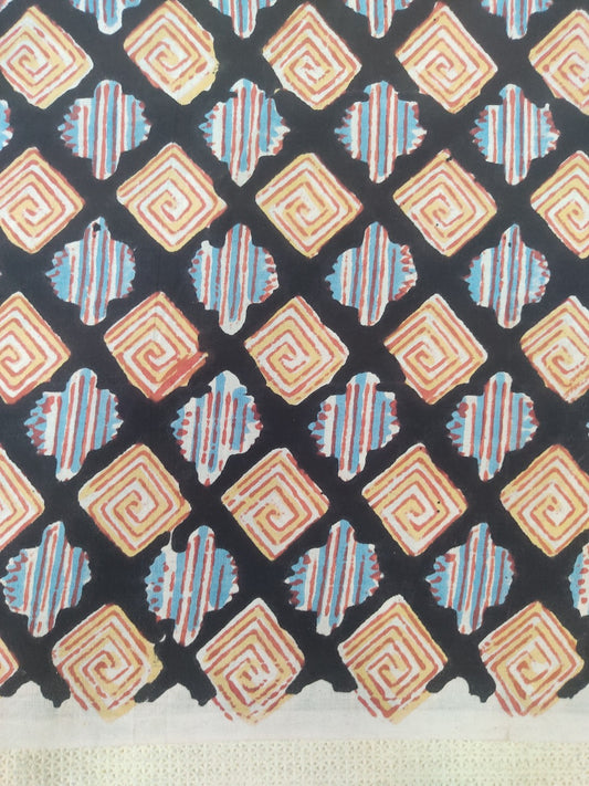 Pure Cotton Black Geometrical Kalamkari Handblock Print Cotton Fabric