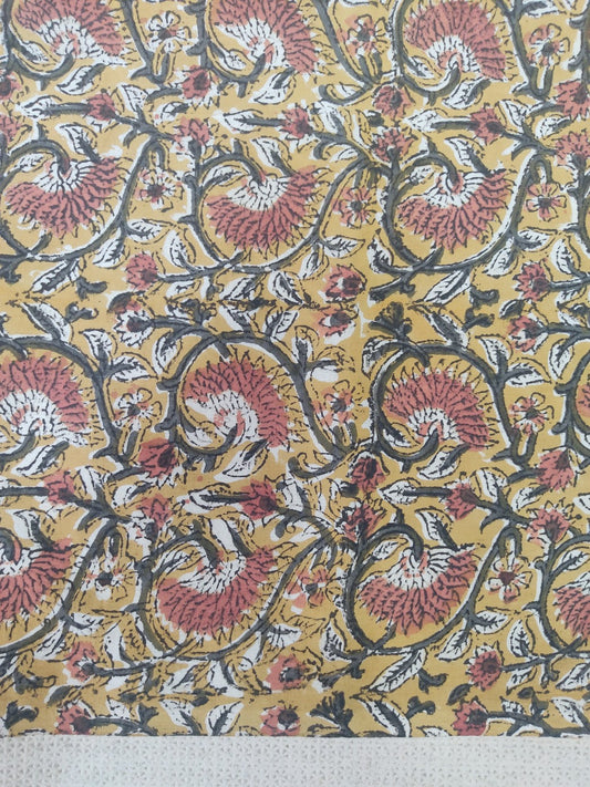 Pure Cotton Mustard Floral Jaal Kalamkari Handblock Print Cotton Fabric