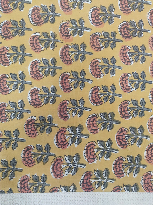 Pure Cotton Mustard Floral Butti Kalamkari Handblock Print Cotton Fabric