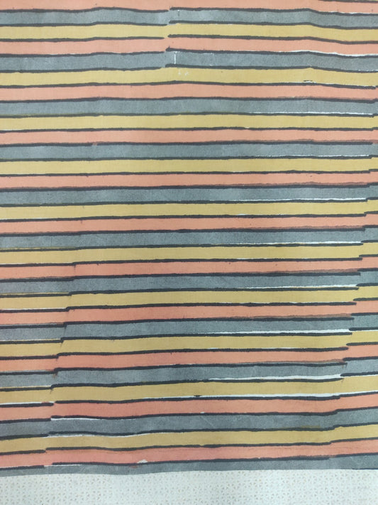 Pure Cotton Mustard Stripes Kalamkari Handblock Print Cotton Fabric